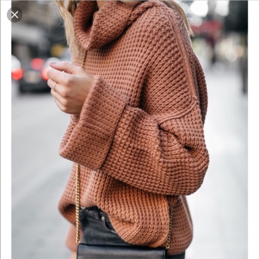 Free People Chunky Waffle Knit Cowl Neck Sweater in Rust
